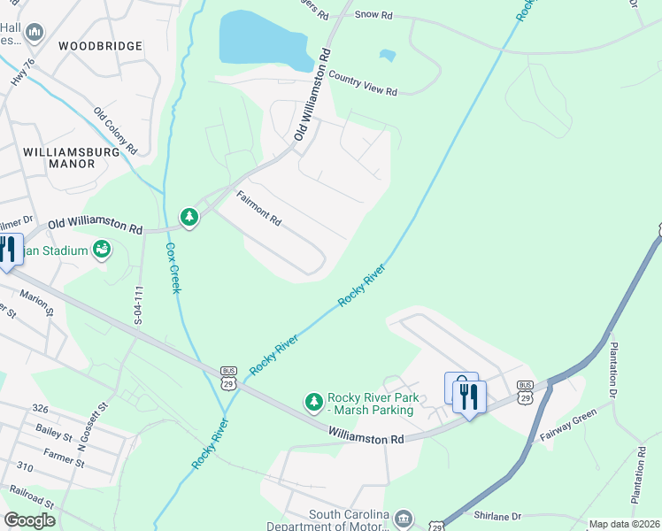 map of restaurants, bars, coffee shops, grocery stores, and more near 633 Fairmont Road in Anderson