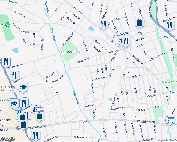 map of restaurants, bars, coffee shops, grocery stores, and more near 1405 Evergreen Street in Anderson