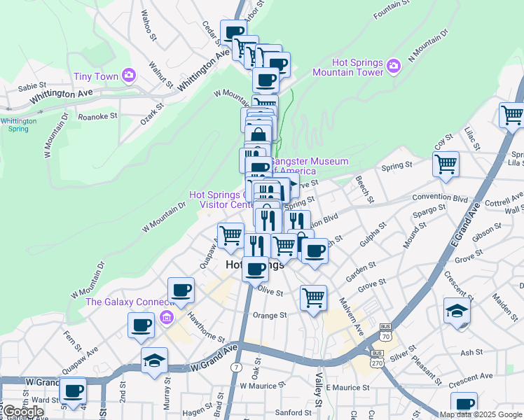map of restaurants, bars, coffee shops, grocery stores, and more near 706 Central Avenue in Hot Springs