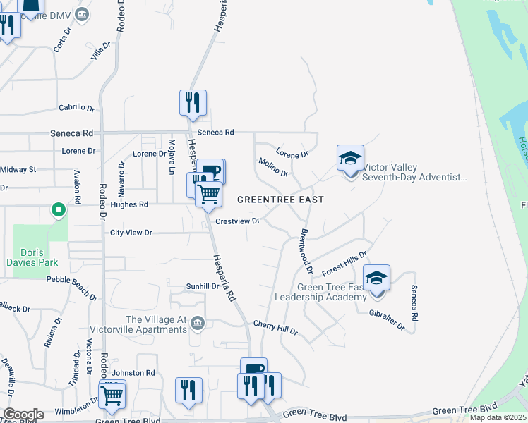 map of restaurants, bars, coffee shops, grocery stores, and more near 16954 Crestview Drive in Victorville