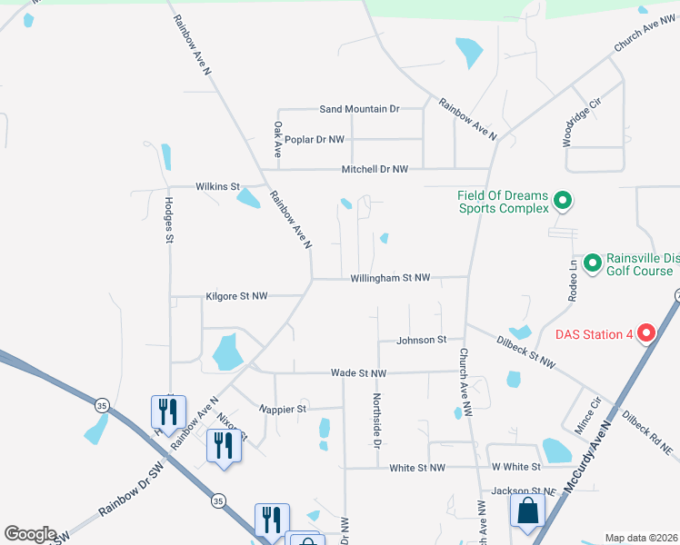 map of restaurants, bars, coffee shops, grocery stores, and more near 21 Mo Street in Rainsville
