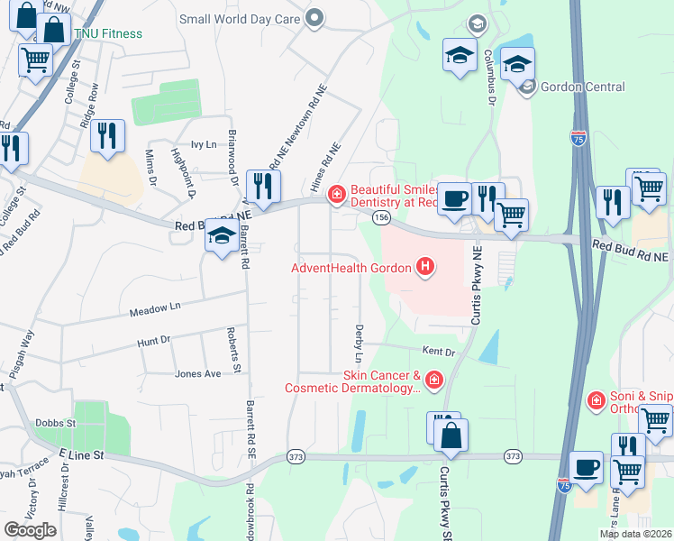 map of restaurants, bars, coffee shops, grocery stores, and more near 110 Derby Lane in Calhoun