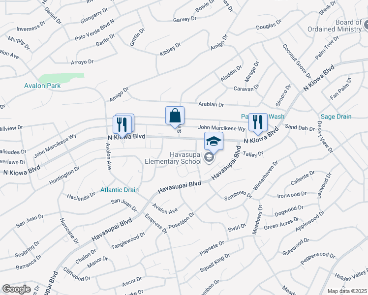 map of restaurants, bars, coffee shops, grocery stores, and more near 2835 Barbara Drive in Lake Havasu City