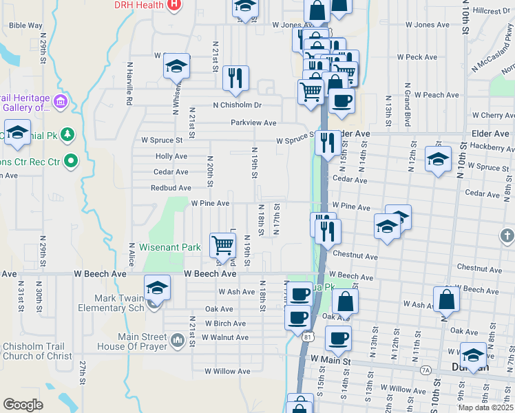 map of restaurants, bars, coffee shops, grocery stores, and more near 623 North 18th Street in Duncan