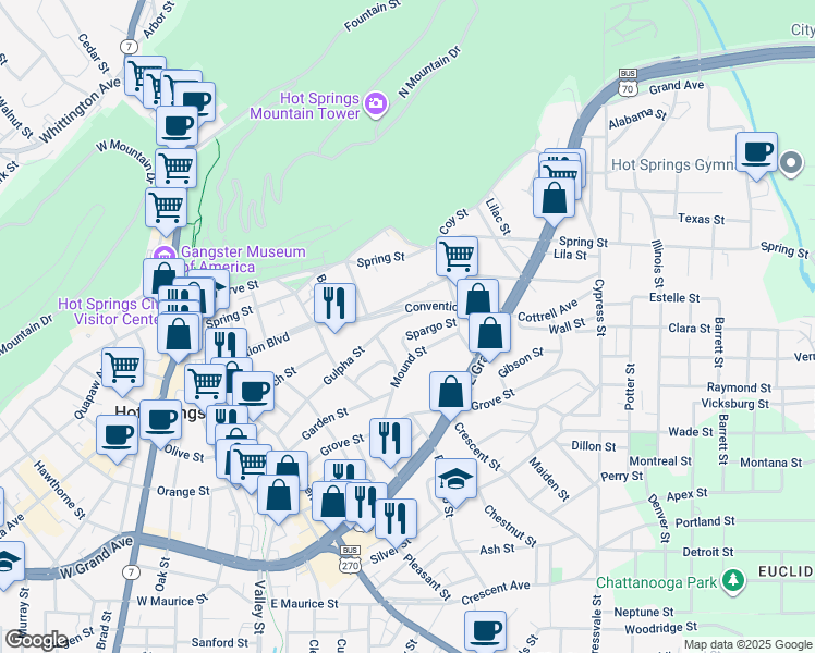 map of restaurants, bars, coffee shops, grocery stores, and more near 203 Spargo Street in Hot Springs