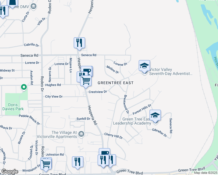 map of restaurants, bars, coffee shops, grocery stores, and more near 16954 Crestview Drive in Victorville