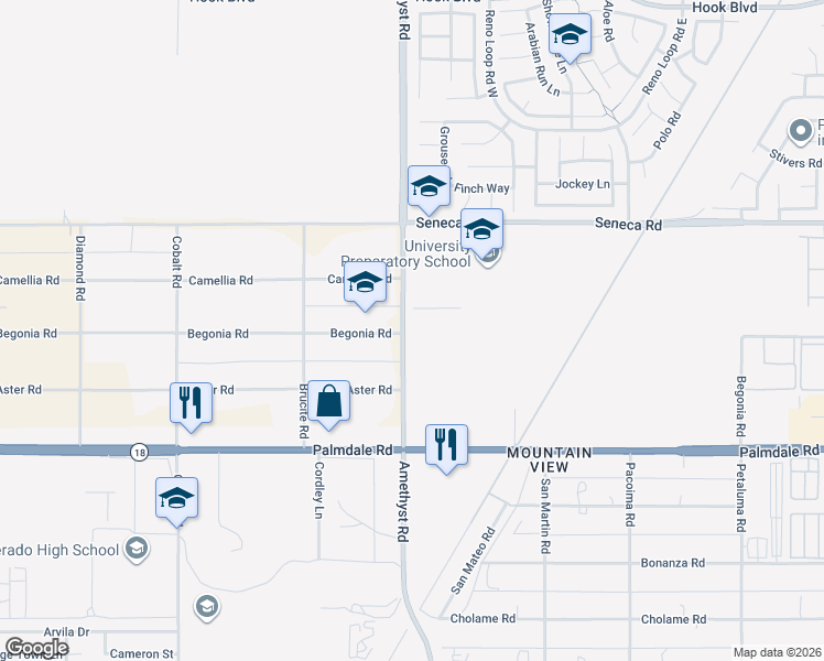 map of restaurants, bars, coffee shops, grocery stores, and more near 14317 Amethyst Road in Victorville