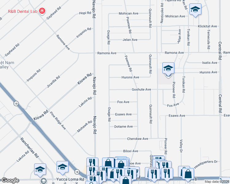 map of restaurants, bars, coffee shops, grocery stores, and more near 21829 Goshute Avenue in Apple Valley