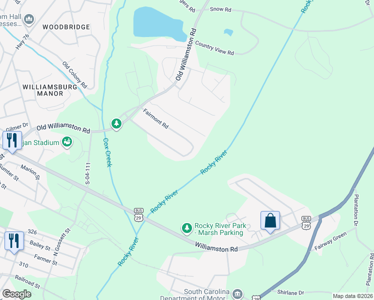 map of restaurants, bars, coffee shops, grocery stores, and more near 633 Fairmont Road in Anderson