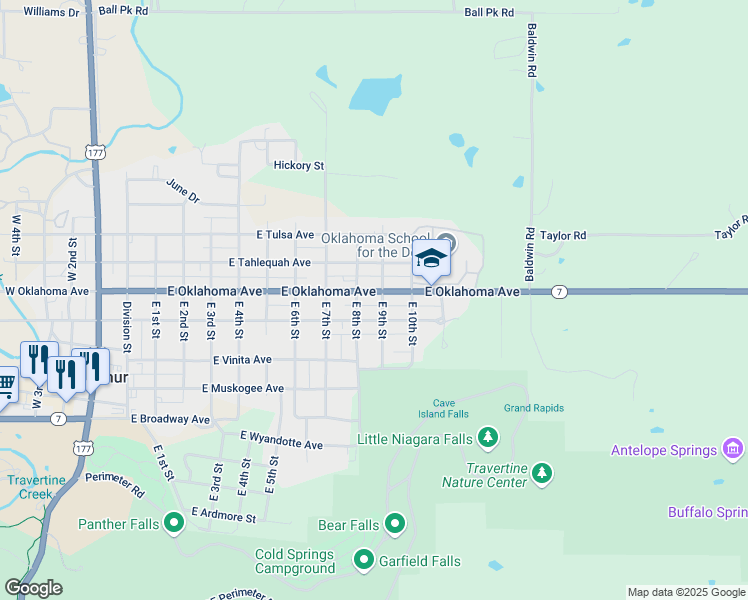 map of restaurants, bars, coffee shops, grocery stores, and more near 815 East Oklahoma Avenue in Sulphur