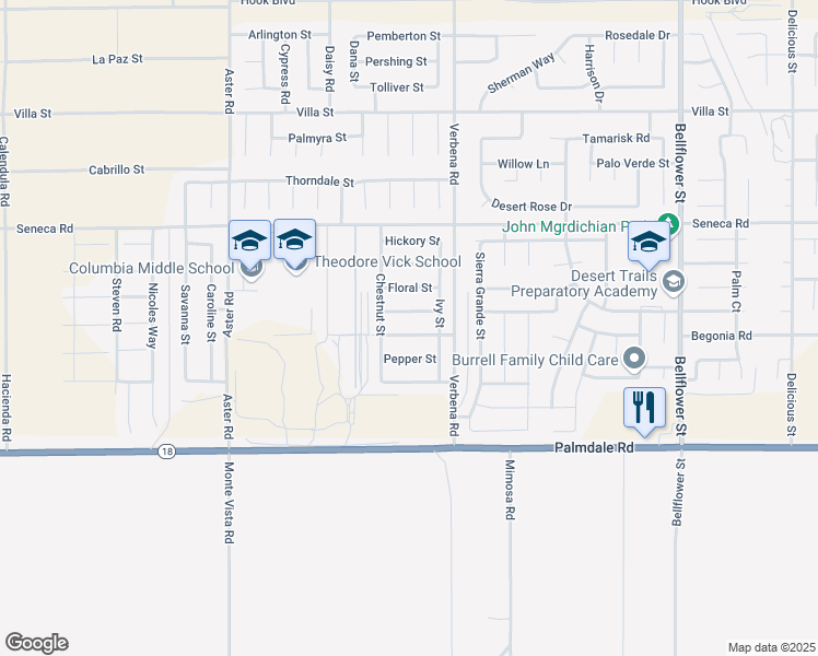 map of restaurants, bars, coffee shops, grocery stores, and more near 10820 Begonia Street in Adelanto