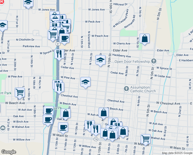 map of restaurants, bars, coffee shops, grocery stores, and more near 703 North 11th Street in Duncan
