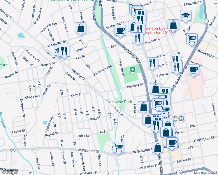 map of restaurants, bars, coffee shops, grocery stores, and more near 1003 Tribble Street in Anderson