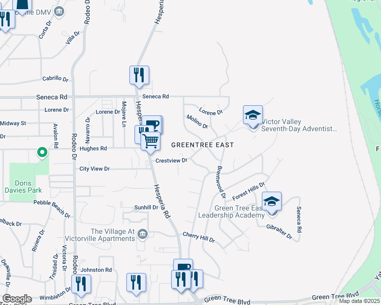 map of restaurants, bars, coffee shops, grocery stores, and more near 16954 Crestview Drive in Victorville