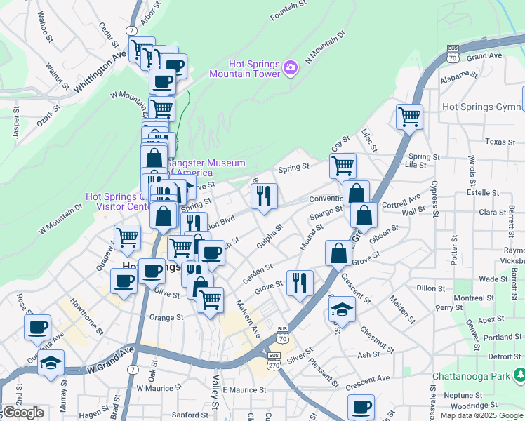 map of restaurants, bars, coffee shops, grocery stores, and more near 400 Convention Boulevard in Hot Springs