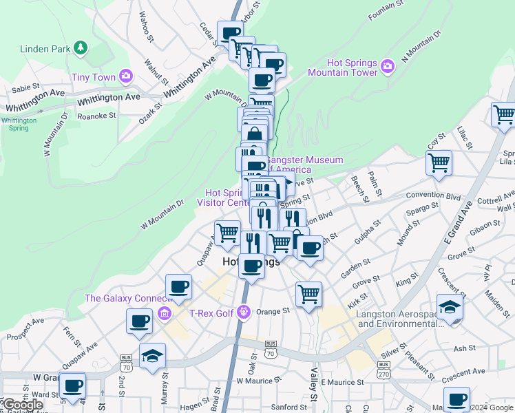 map of restaurants, bars, coffee shops, grocery stores, and more near 706 Central Avenue in Hot Springs