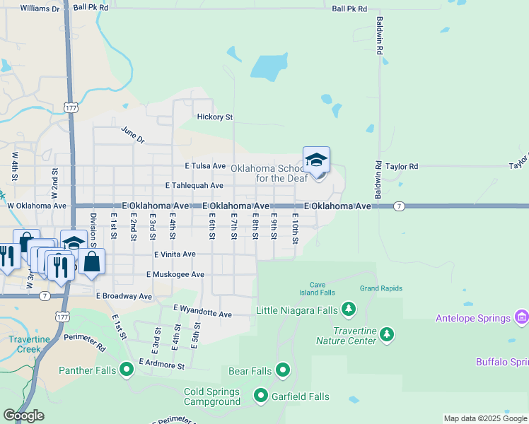 map of restaurants, bars, coffee shops, grocery stores, and more near 815 East Oklahoma Avenue in Sulphur