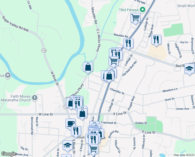 map of restaurants, bars, coffee shops, grocery stores, and more near 212 Forrest Ave in Calhoun