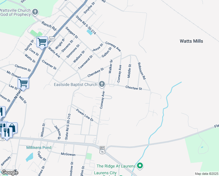 map of restaurants, bars, coffee shops, grocery stores, and more near 404 Conway Avenue in Laurens