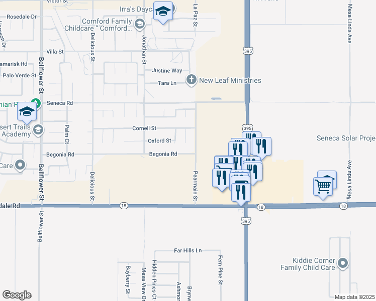 map of restaurants, bars, coffee shops, grocery stores, and more near 11876 Begonia Road in Adelanto