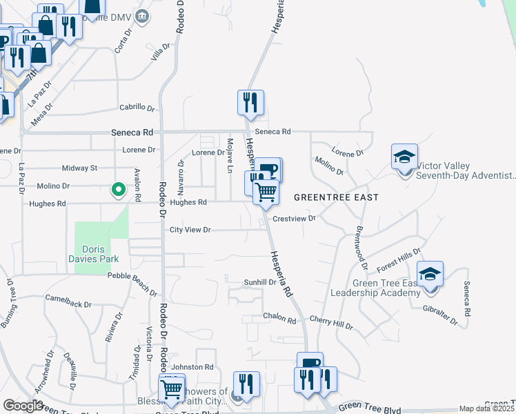 map of restaurants, bars, coffee shops, grocery stores, and more near 14290 Hesperia Road in Victorville
