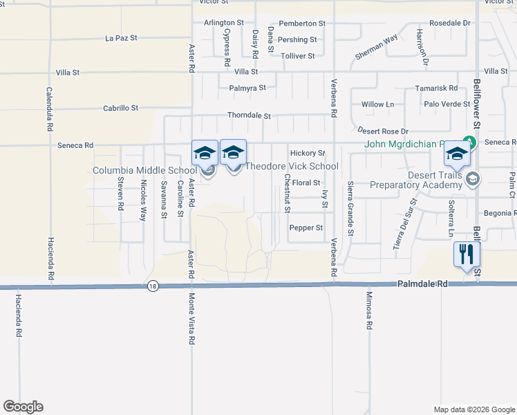 map of restaurants, bars, coffee shops, grocery stores, and more near 14317 Jeremiah Street in Adelanto