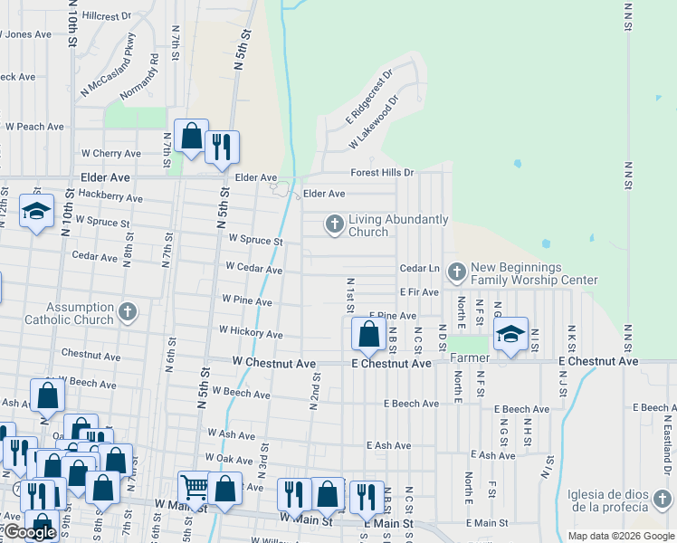 map of restaurants, bars, coffee shops, grocery stores, and more near 105 West Cedar Avenue in Duncan