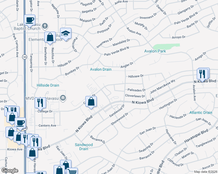 map of restaurants, bars, coffee shops, grocery stores, and more near 2280 College Drive in Lake Havasu City