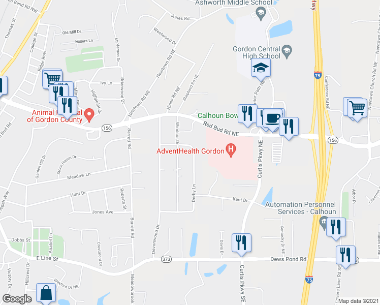 map of restaurants, bars, coffee shops, grocery stores, and more near 110 Derby Lane in Calhoun