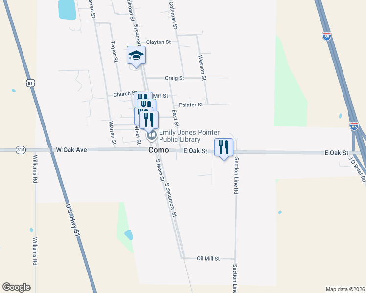 map of restaurants, bars, coffee shops, grocery stores, and more near 200 East Oak Street in Como