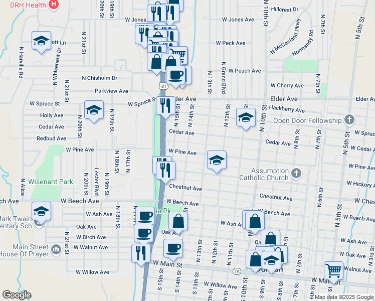 map of restaurants, bars, coffee shops, grocery stores, and more near 709 North 14th Street in Duncan