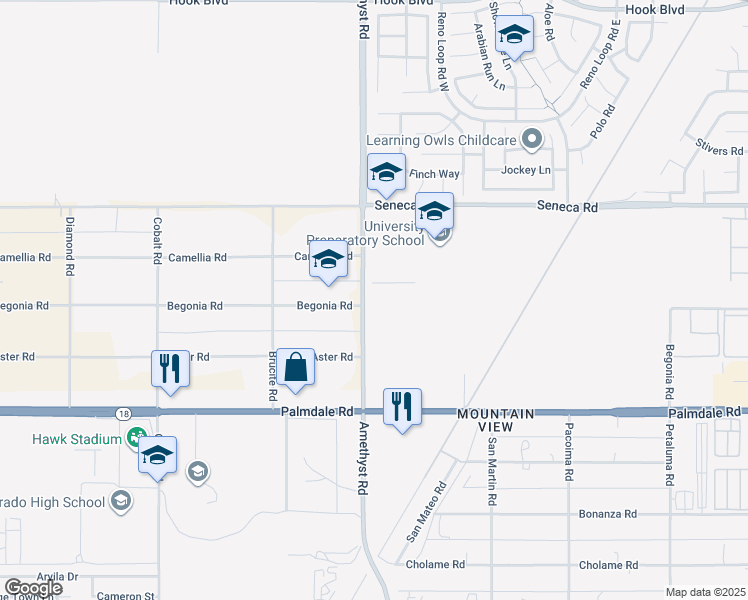 map of restaurants, bars, coffee shops, grocery stores, and more near 14321 Amethyst Road in Victorville