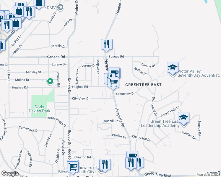 map of restaurants, bars, coffee shops, grocery stores, and more near 14290 Hesperia Road in Victorville