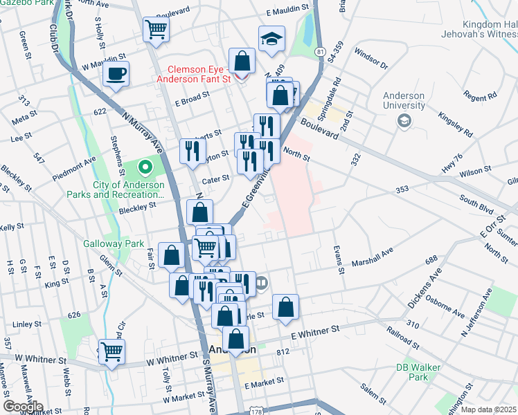 map of restaurants, bars, coffee shops, grocery stores, and more near 616 Bonham Court in Anderson