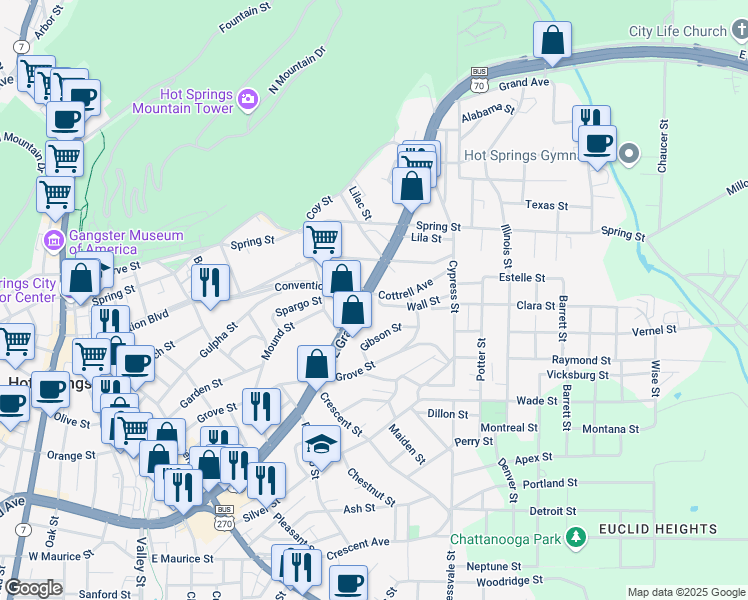 map of restaurants, bars, coffee shops, grocery stores, and more near 668 East Grand Avenue in Hot Springs