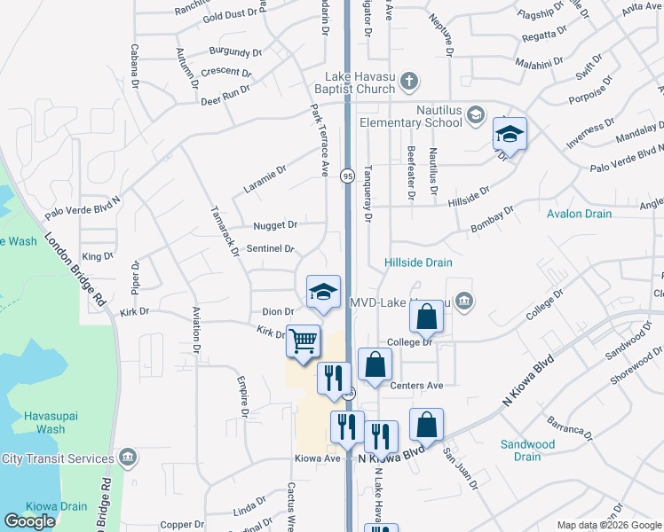 map of restaurants, bars, coffee shops, grocery stores, and more near 1294 Park Terrace Lane in Lake Havasu City
