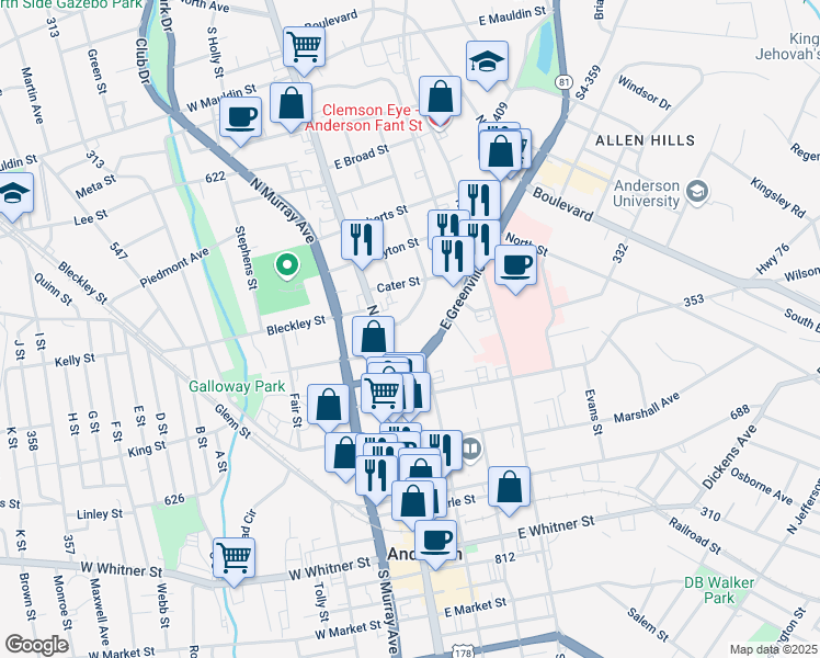 map of restaurants, bars, coffee shops, grocery stores, and more near in Anderson