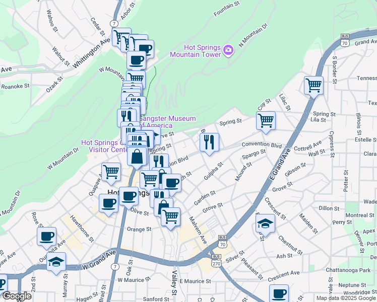 map of restaurants, bars, coffee shops, grocery stores, and more near in Hot Springs