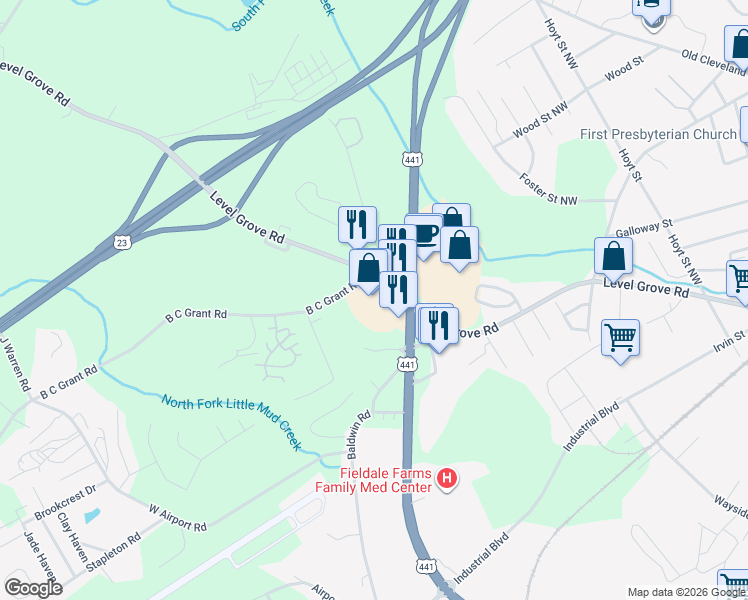map of restaurants, bars, coffee shops, grocery stores, and more near 1275 Level Grove Road in Cornelia