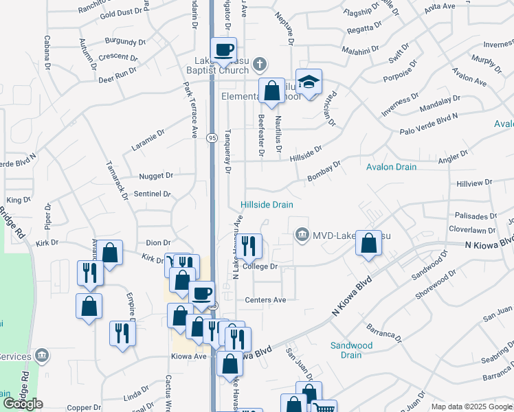 map of restaurants, bars, coffee shops, grocery stores, and more near 1258 North Lake Havasu Avenue in Lake Havasu City