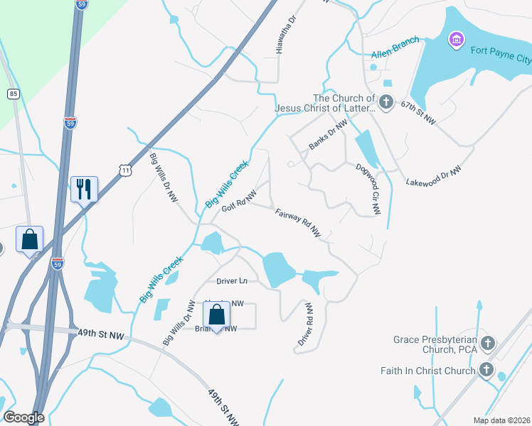map of restaurants, bars, coffee shops, grocery stores, and more near 6005 Golf Road in Fort Payne