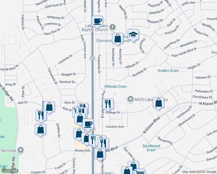 map of restaurants, bars, coffee shops, grocery stores, and more near 1258 North Lake Havasu Avenue in Lake Havasu City