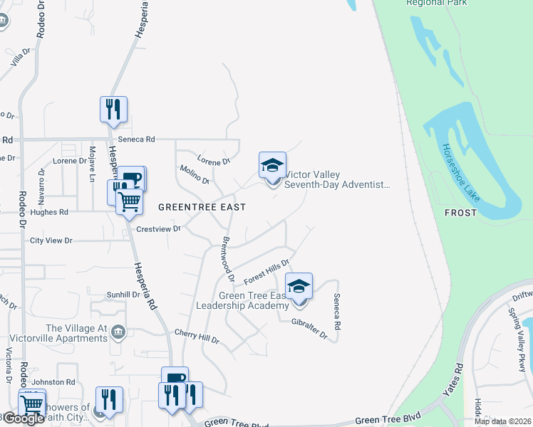 map of restaurants, bars, coffee shops, grocery stores, and more near 14483 Camrose Court in Victorville