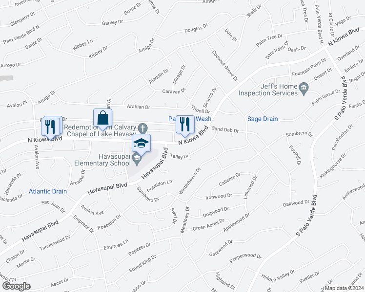 map of restaurants, bars, coffee shops, grocery stores, and more near 2980 North Kiowa Boulevard in Lake Havasu City
