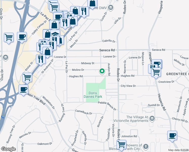 map of restaurants, bars, coffee shops, grocery stores, and more near 16349 Hughes Road in Victorville