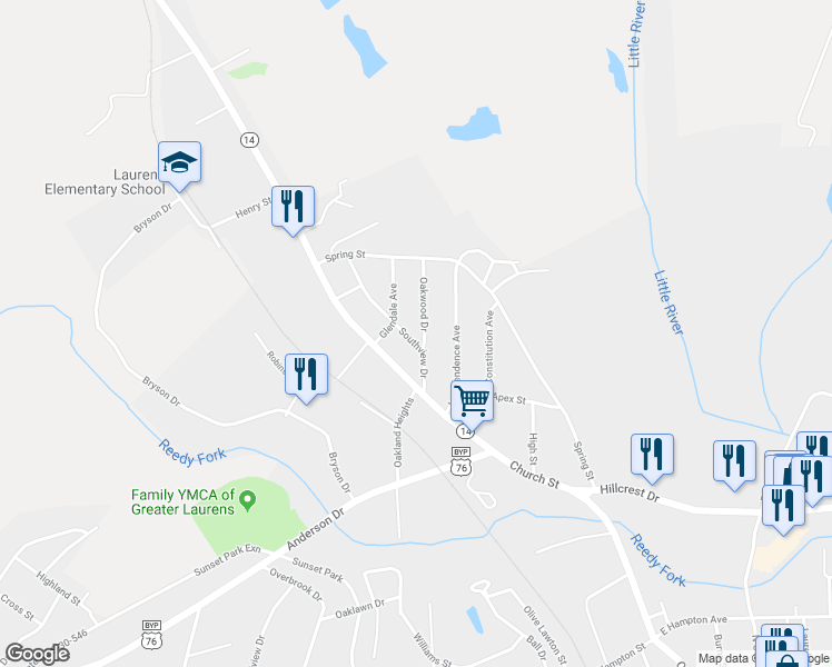 map of restaurants, bars, coffee shops, grocery stores, and more near 200 Southview Drive in Laurens