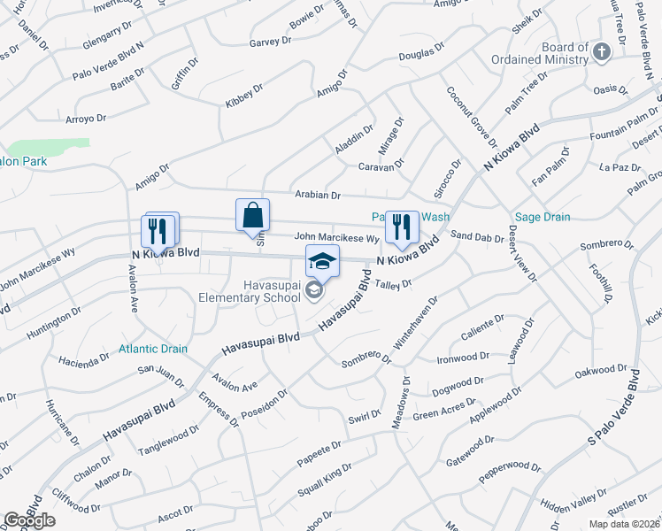 map of restaurants, bars, coffee shops, grocery stores, and more near 2910 Kiowa Blvd N in Lake Havasu City