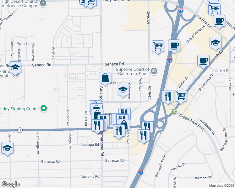 map of restaurants, bars, coffee shops, grocery stores, and more near in Victorville