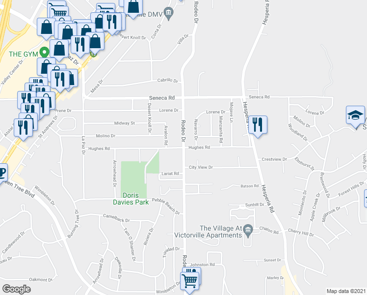 map of restaurants, bars, coffee shops, grocery stores, and more near Rodeo Drive in Victorville