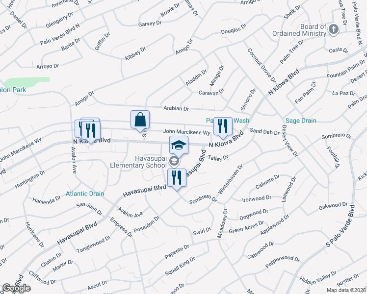 map of restaurants, bars, coffee shops, grocery stores, and more near 2910 Kiowa Blvd N in Lake Havasu City